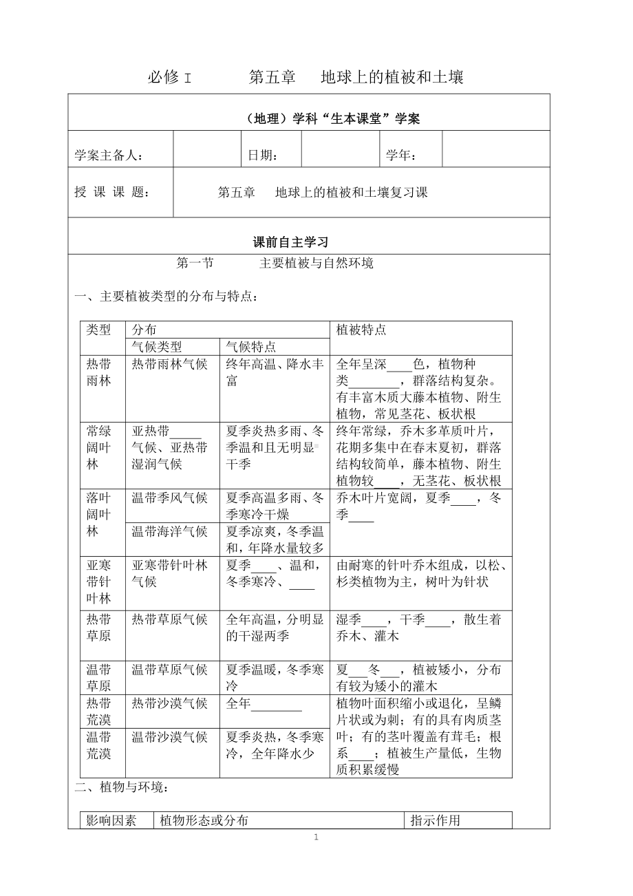 （新教材）2021新湘教版高中地理必修第一册第五章地球上的植被与土壤复习课“生本课堂”导学案.doc_第1页