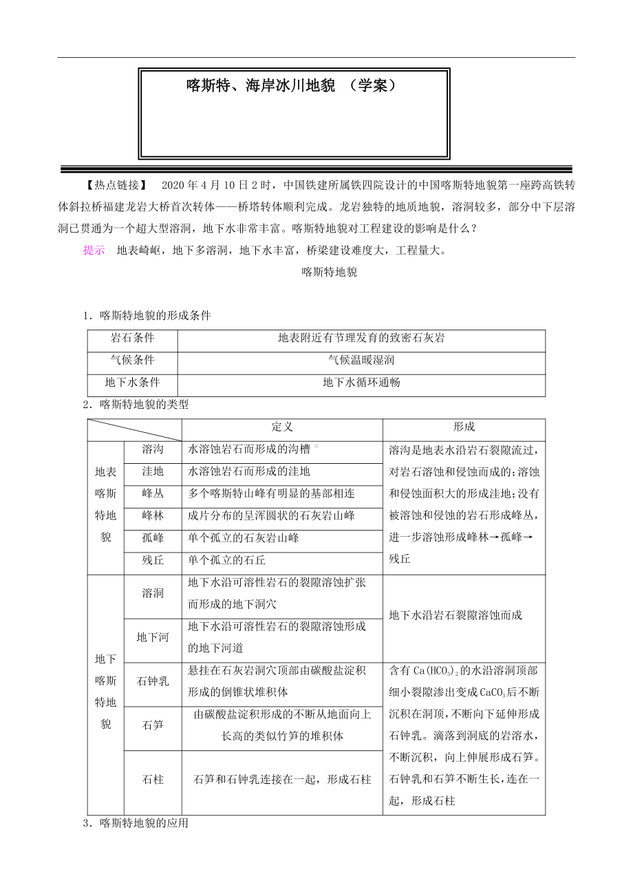 （新教材）2021新湘教版高中地理必修第一册2.3 喀斯特海岸和冰川地貌 学案.doc_第1页