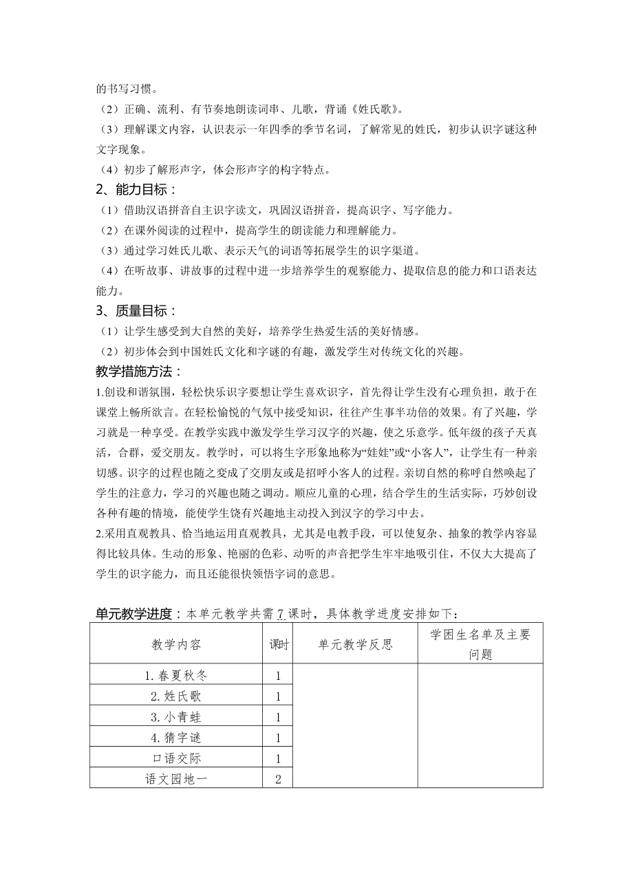 南京某学校部编版小学语文一年级下册第一单元教学计划.docx_第2页