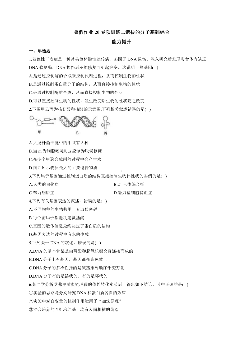 （新教材）2019人教版高中生物必修二暑假作业20 专项训练二遗传的分子基础综合 能力提升.docx_第1页