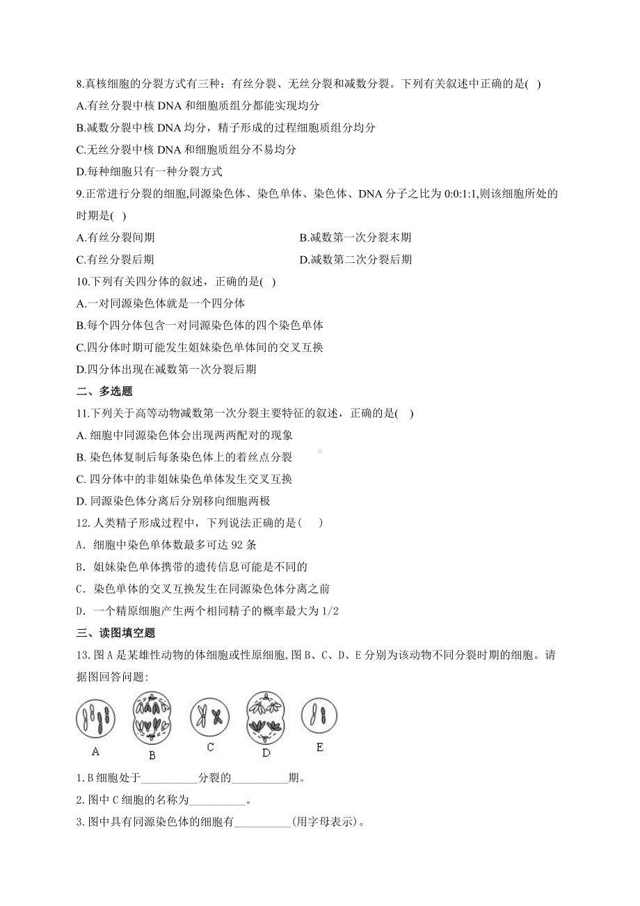 （新教材）2019人教版高中生物必修二暑假作业03 减数分裂和受精作用 基础训练.docx_第2页