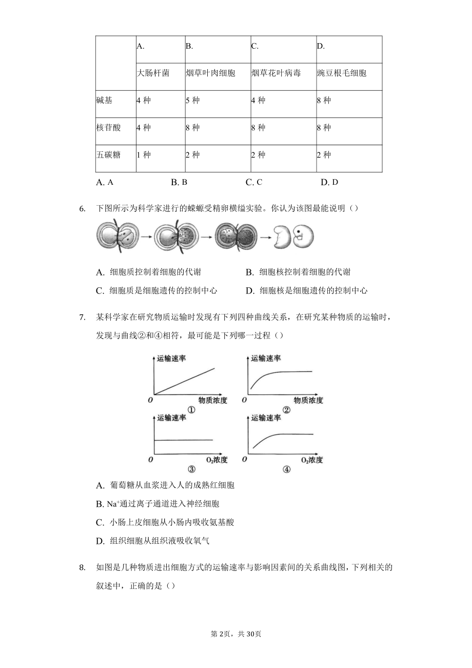 （新教材）2019新人教版高中生物必修1期末考试模拟卷I.docx_第2页