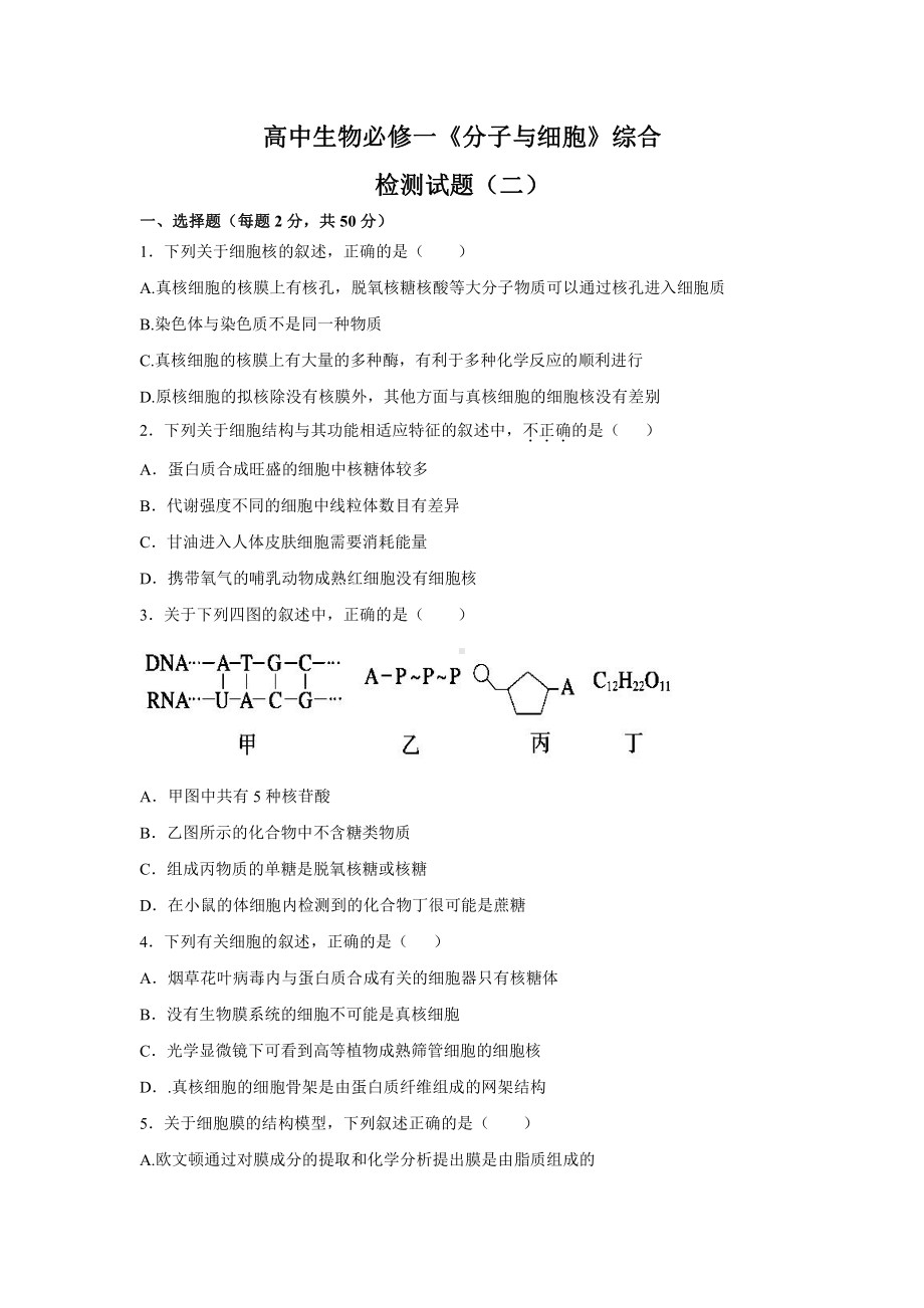 综合检测试题二-（新教材）2019新人教版高中生物必修一.docx_第1页