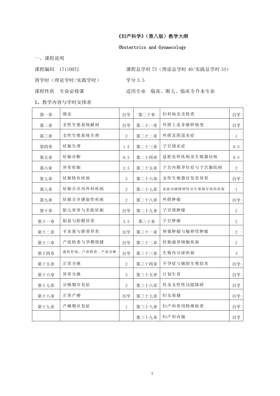 妇产科学教学大纲（第8版）.doc_第1页