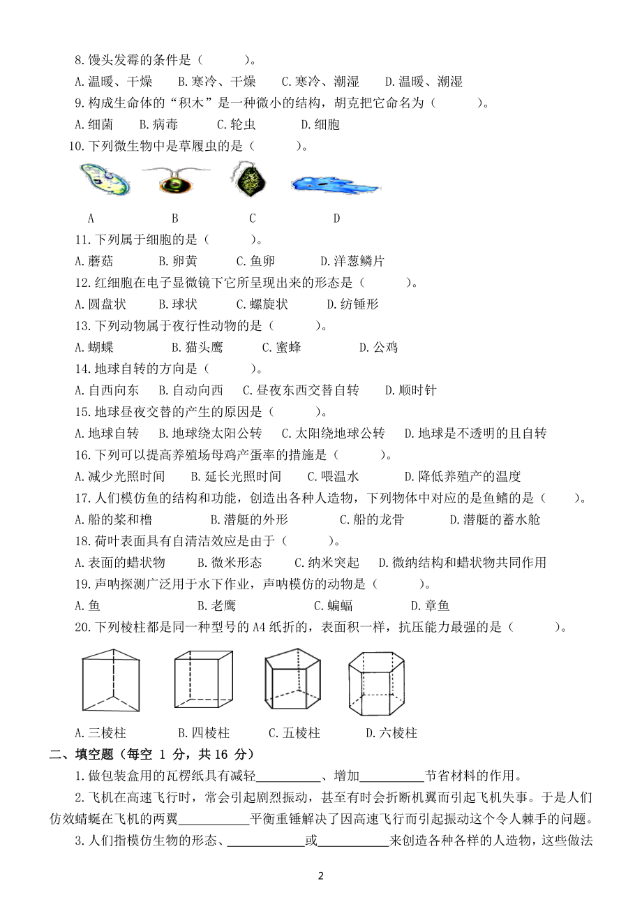 小学科学苏教版五年级下册期末测试卷（附参考答案）（2022新版）.docx_第2页