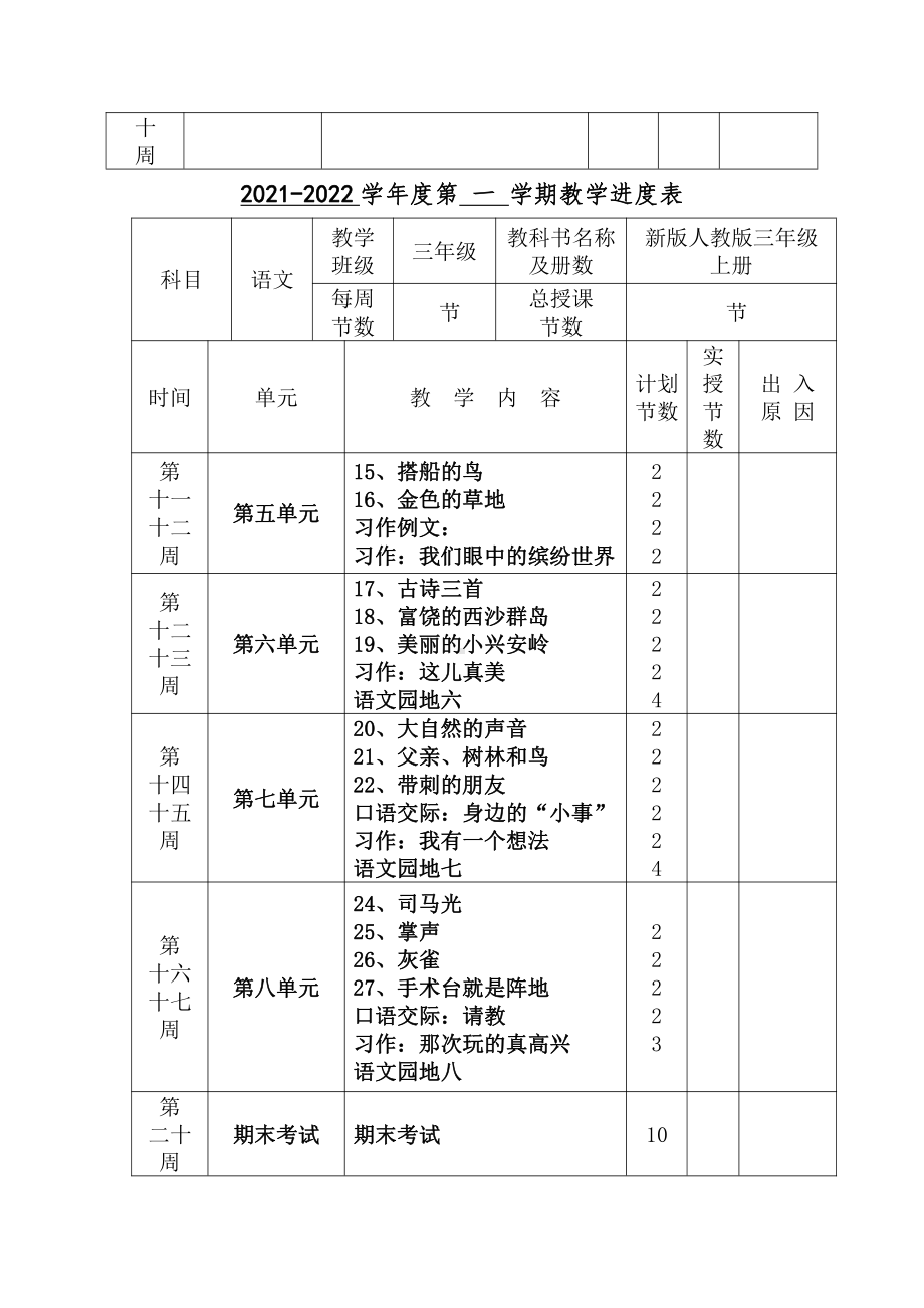 部编2022年人教版小学三年级上册语文教学进度表.docx_第2页