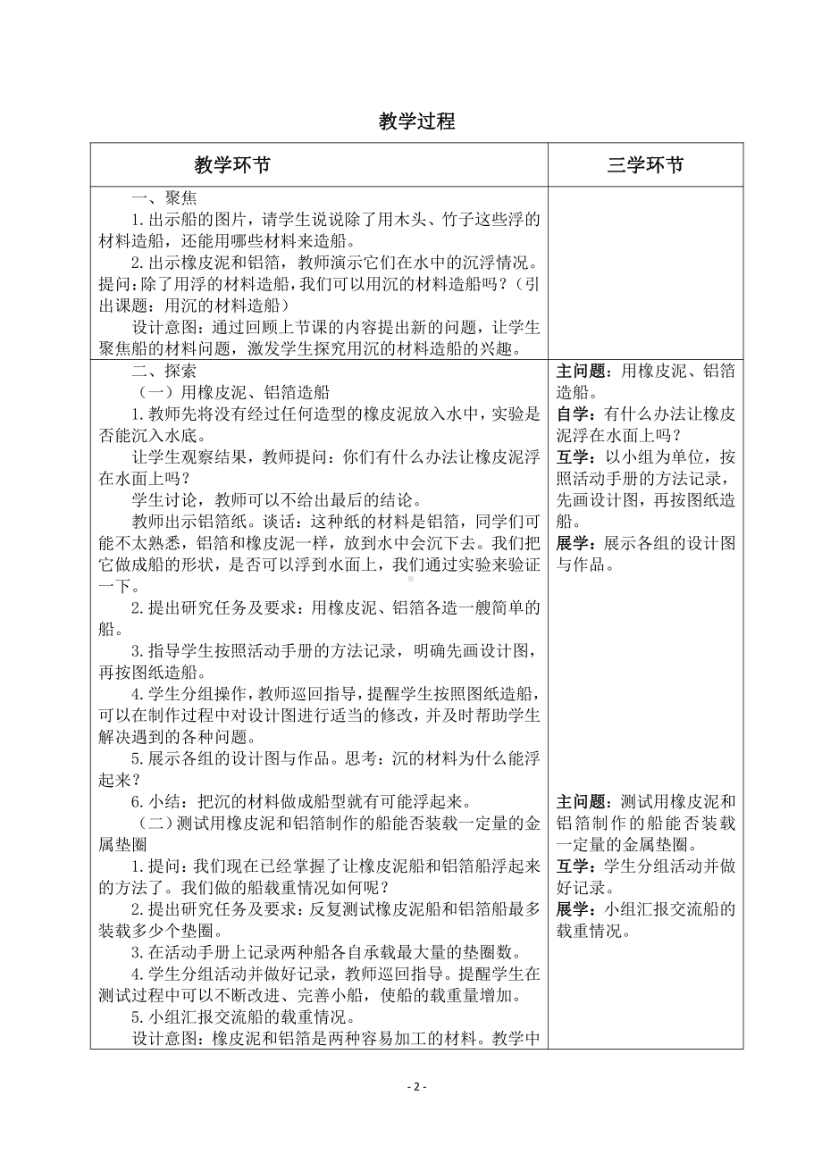 2022杭州市新教科版五年级科学下册第二单元《2.3用沉的材料造船》教案.docx_第2页