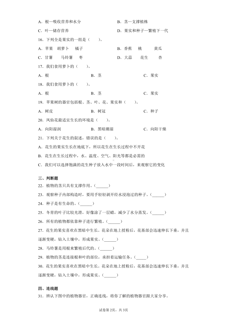 2022春冀人版四年级下册科学第二单元植物的生长与繁殖检测卷（二）（含答案）.docx_第2页