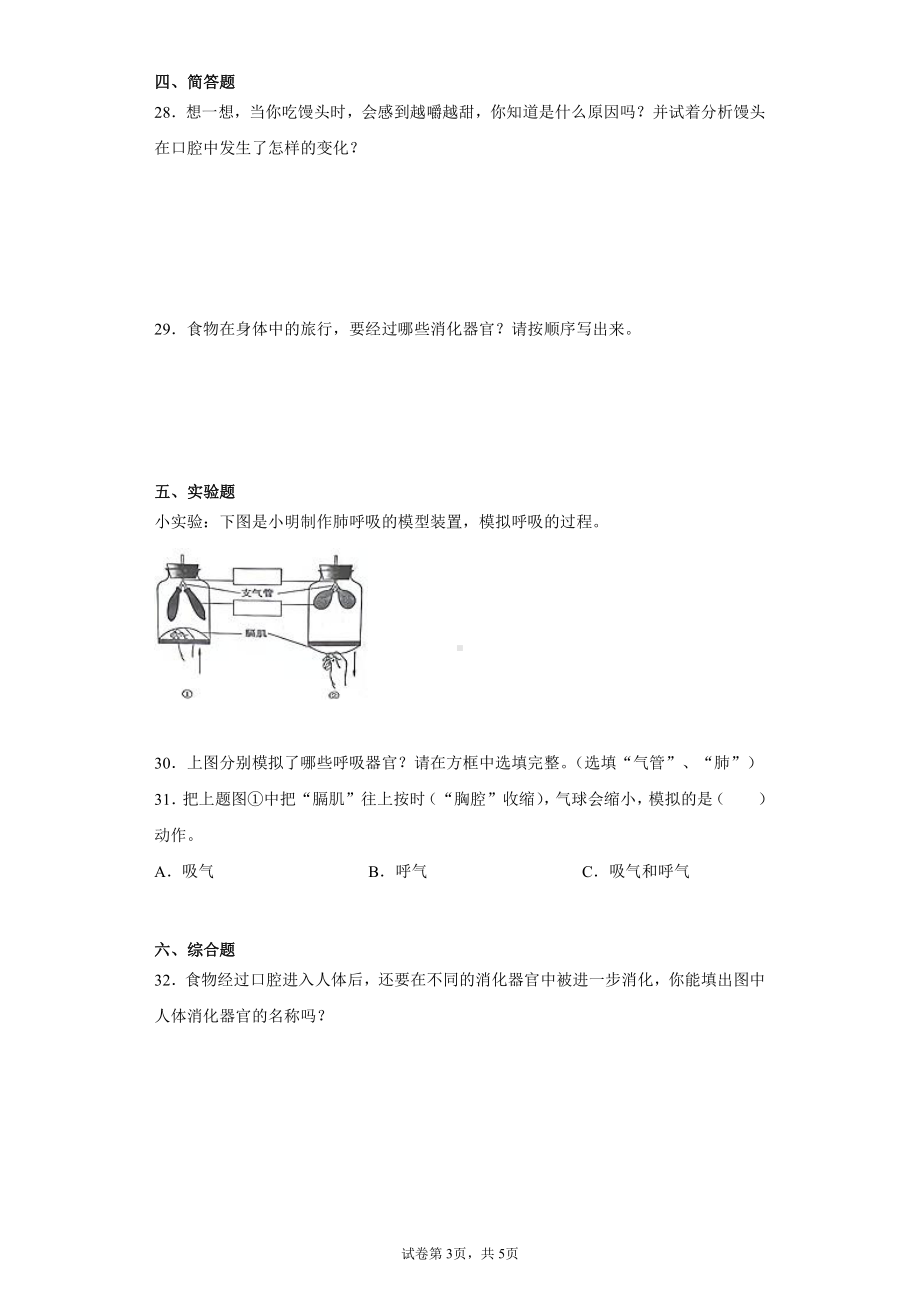 2022春冀人版四年级下册科学第四单元爱护身体检测题（含答案）.docx_第3页