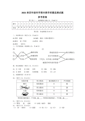 2021 年秋XX市小学四年级上册 期末学科监测 科学 参考答案.doc