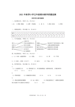 2021年秋季五年级上册科学 期末教学质量监测试题(答).doc