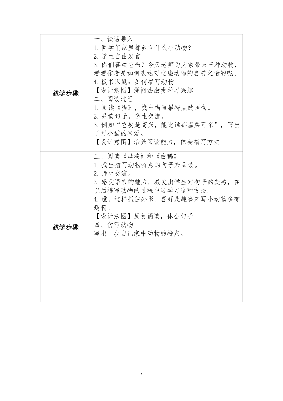 群文阅读教案：《17 如何描写动物》教学设计（3页公开课精品资料）.docx_第2页