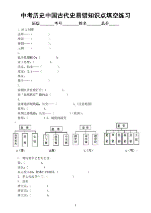 初中历史部编版中考中国古代史常考易错知识点填空汇总练习（附参考答案）.doc