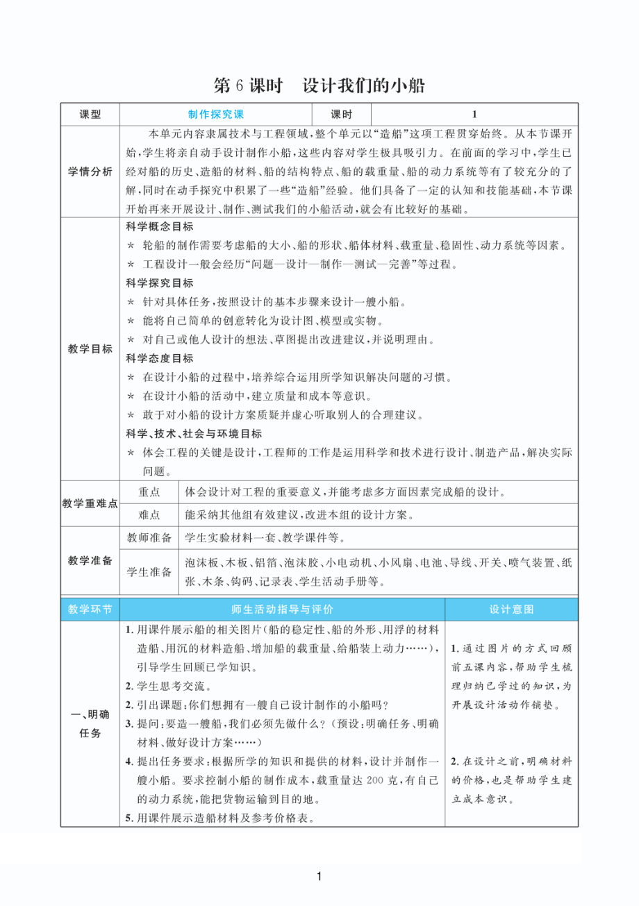 2022教科版五年级下册科学26设计我们的小船教案教学反思pdf版表格版