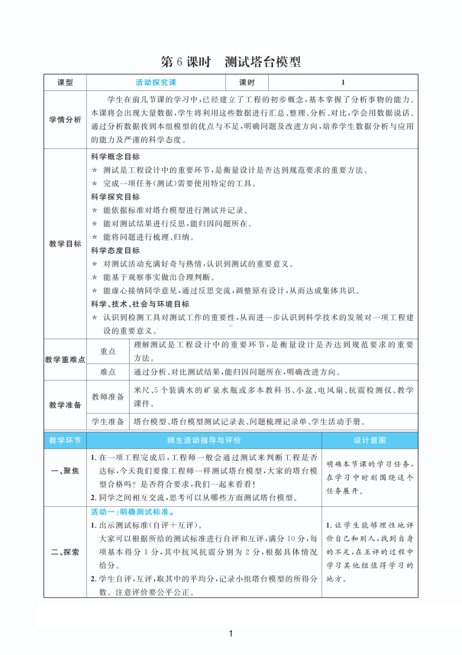 2022新教科版六年级下册科学1.6测试塔台模型 教案+教学反思（PDF版 表格版）.pdf_第1页