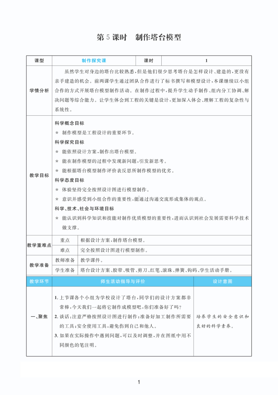 2022新教科版六年级下册科学1.5制作塔台模型 教案+教学反思（PDF版 表格版）.pdf_第1页