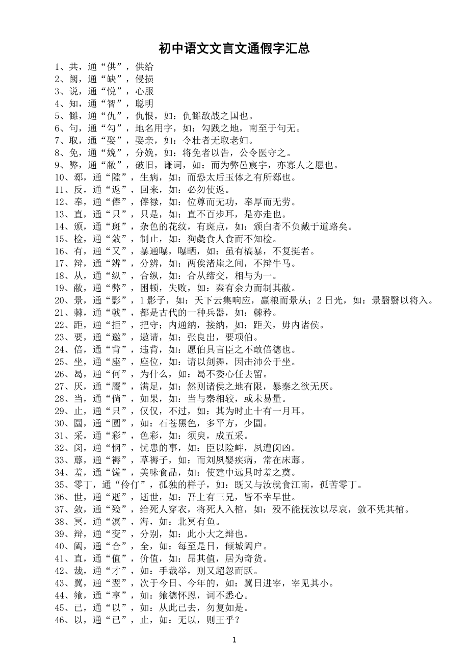 初中语文部编版文言文通假字汇总（共93个直接打印每生一份熟记）.doc_第1页