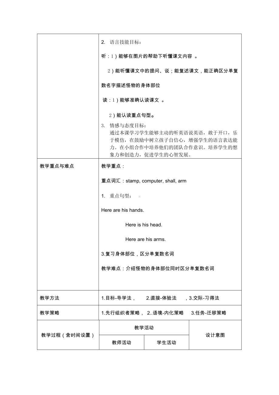 Module 6-Unit 1 Here are his hands.-教案、教学设计-市级优课-(配套课件编号：13d1c)-外研版（一起）三年级下册.docx_第2页