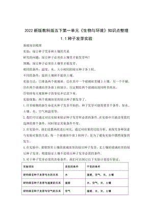 2022年新版教科版小学科学五年级下册第一单元《生物与环境》知识点整理.docx