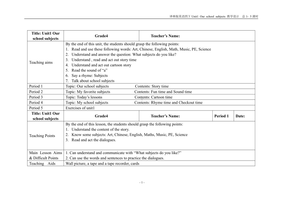 2021-2022常州学校译林版四年级英语下册第一单元全部教案(共5课时).doc_第1页