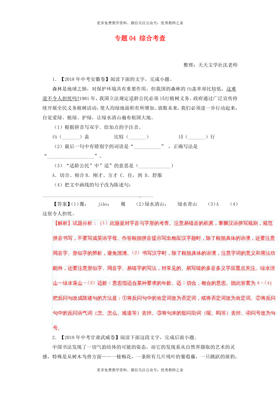 中考语文试题：专题04 综合考查（含解析）.doc_第1页