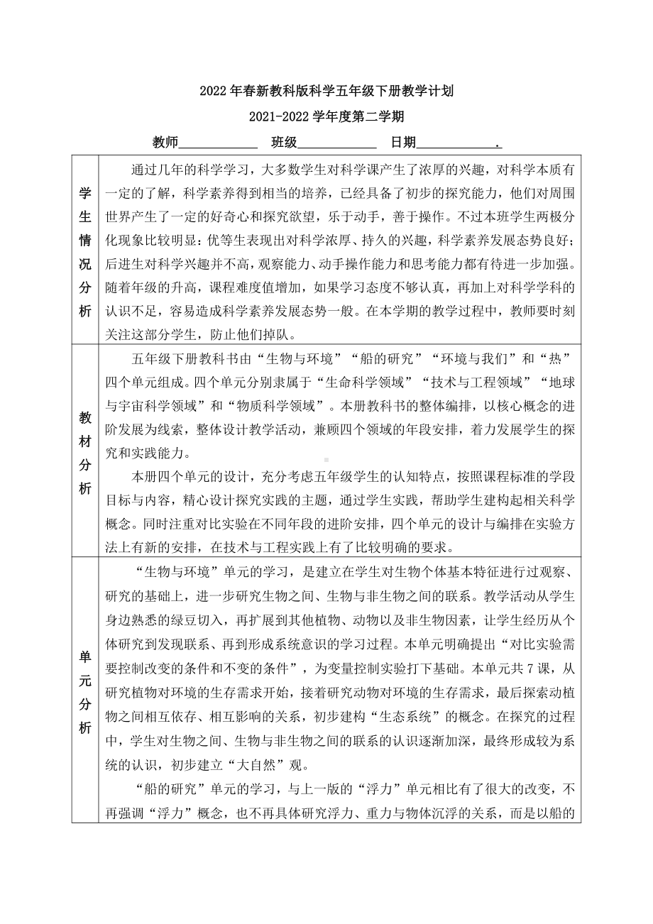 2022年春新教科版科学五年级下册教学计划（表格式含教学进度表）.docx_第1页