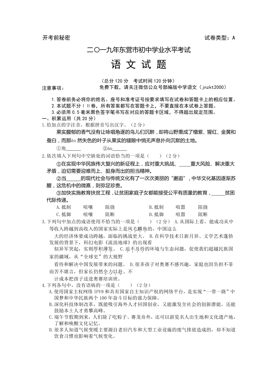 山东省东营市中考语文试题（word版含答案）(1).docx_第1页