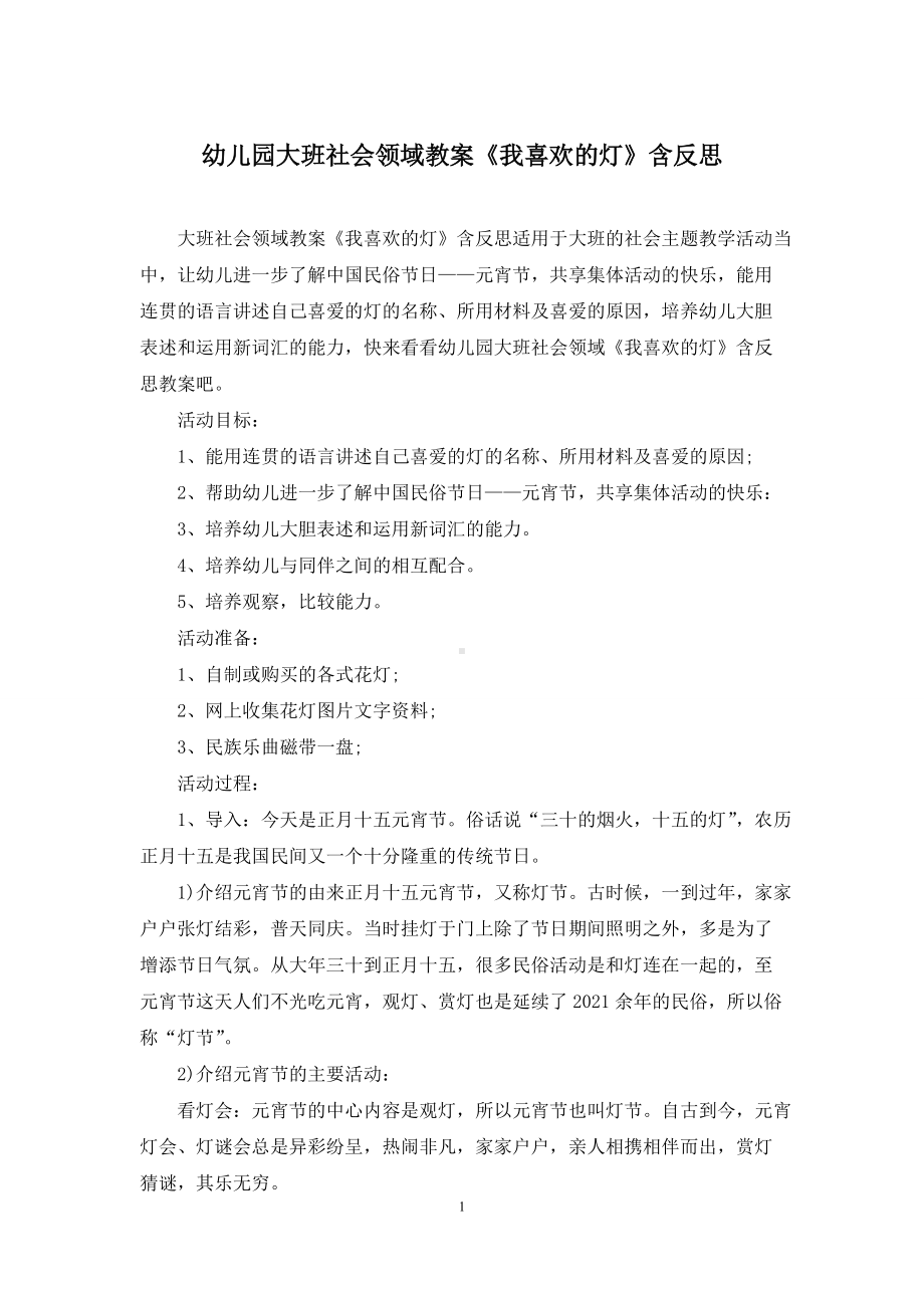 幼儿园大班社会领域教案《我喜欢的灯》含反思.docx_第1页