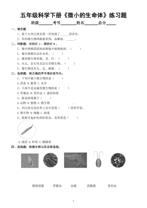小学科学苏教版五年级下册第一单元第2课《微小的生命体》练习题（附参考答案）（2022新版）.doc