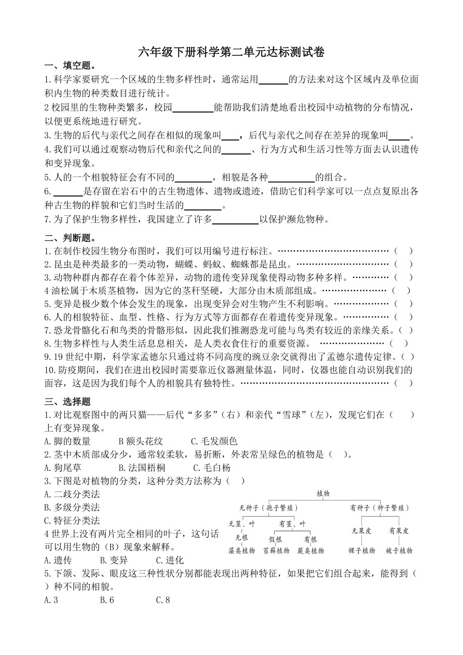 2022新教科版六年级下册科学第二单元达标测试卷（含答案）.docx_第1页