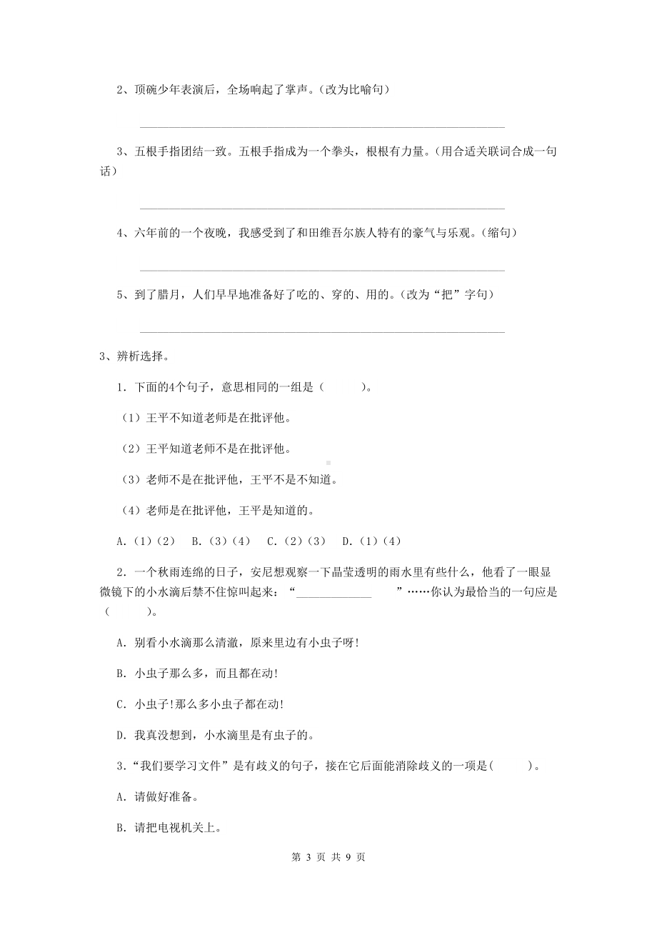 丽江市小升初语文模拟考试试卷-附解析.doc_第3页