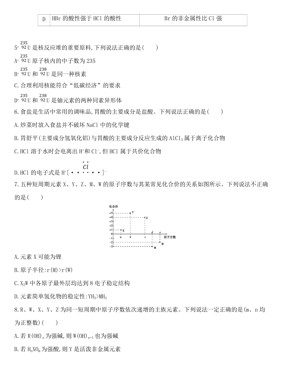 （2020）新苏教版高中化学必修第一册专题5微观结构与物质的多样性 达标检测题.docx_第2页