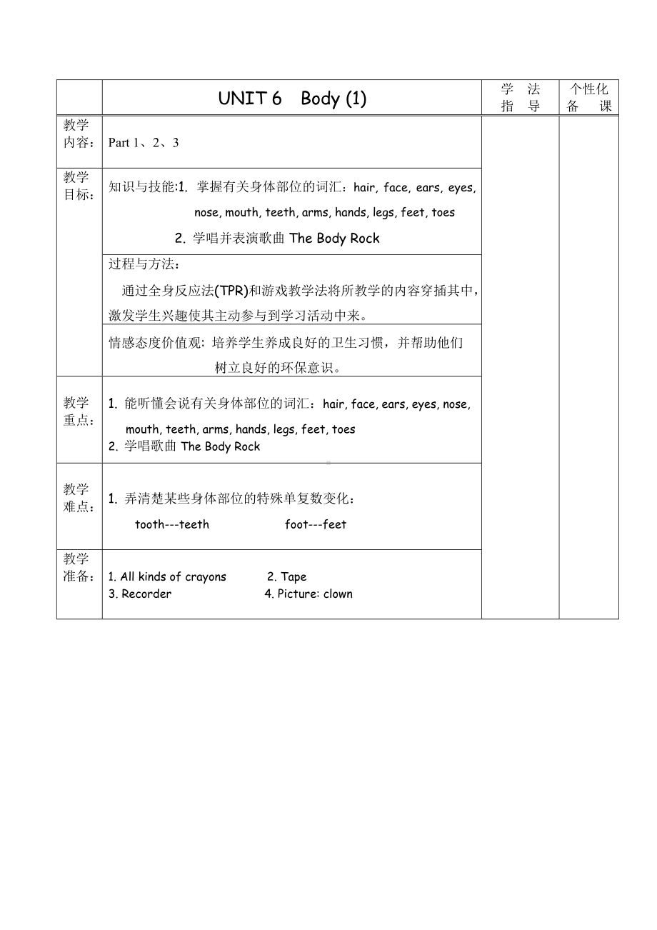 Unit 6 Body-Lesson 1-教案、教学设计-县级公开课-外研版剑桥版三年级下册-(配套课件编号：a037a).doc_第1页