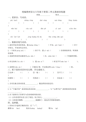 统编语文六年级下册第三单元常考基础训练题附答案.docx