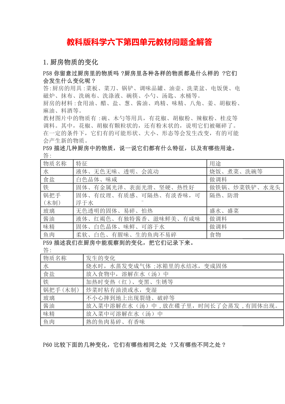 2022新教科版六年级下册科学第四单元 物质的变化 教材问题全解答.doc_第1页