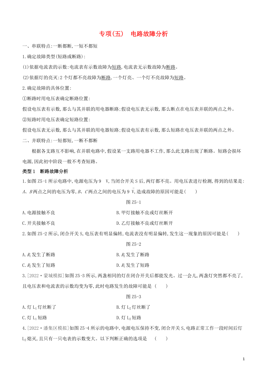 安徽专版2022中考物理复习方案专项05电路故障分析试题.docx_第1页