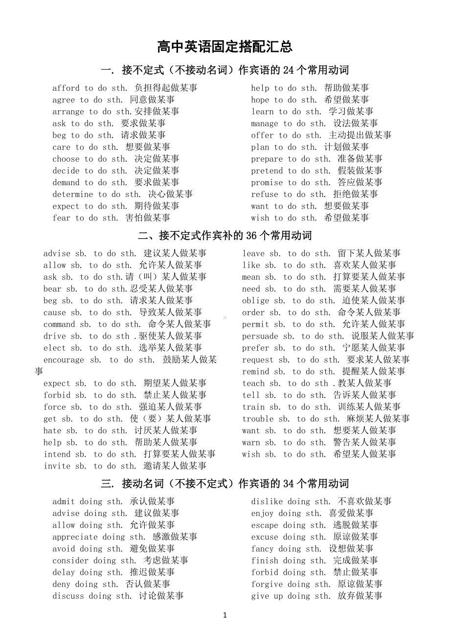 高中英语固定搭配汇总（三年共23组）（直接打印每生一份熟记）.docx_第1页