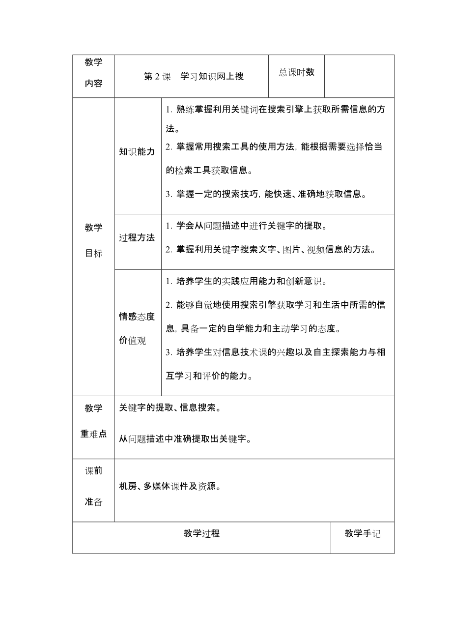 （2019）湖南.南方版五年级下册信息技术第2课学习知识网上搜教案（表格式）.rar