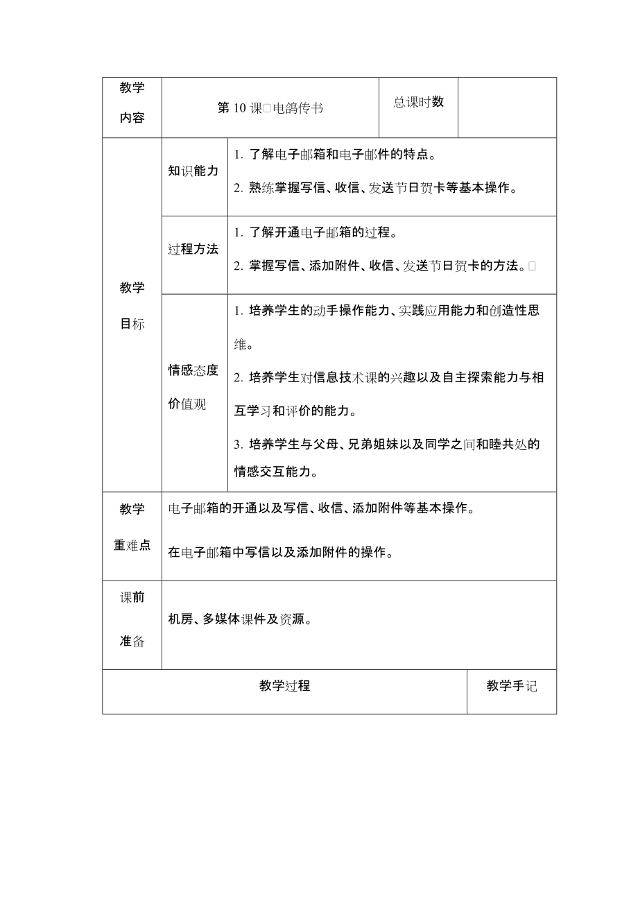 （2019）湖南.南方版五年级下册信息技术第10课电鸽传书教案（表格式）.rar