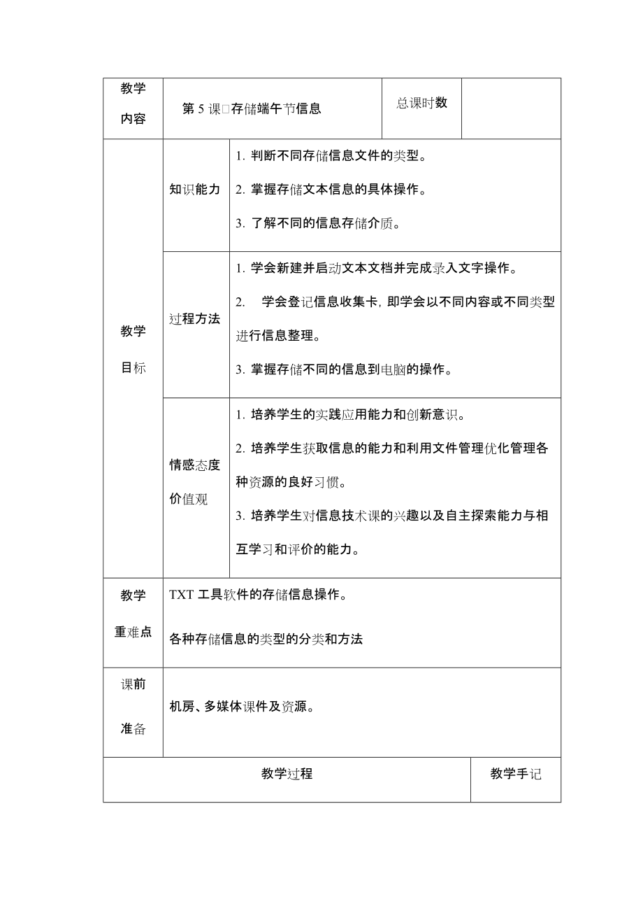 （2019）湖南.南方版五年级下册信息技术第5课存储端午节信息教案（表格式）.rar