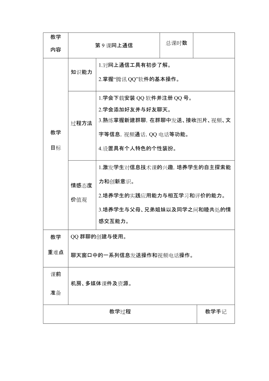 （2019）湖南.南方版五年级下册信息技术第9课网上通信教案（表格式）.rar