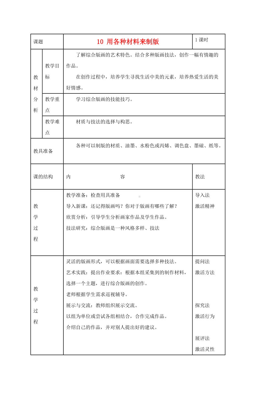 人美小学美术六下《第7课用各种材料来制版》word教案.doc_第1页