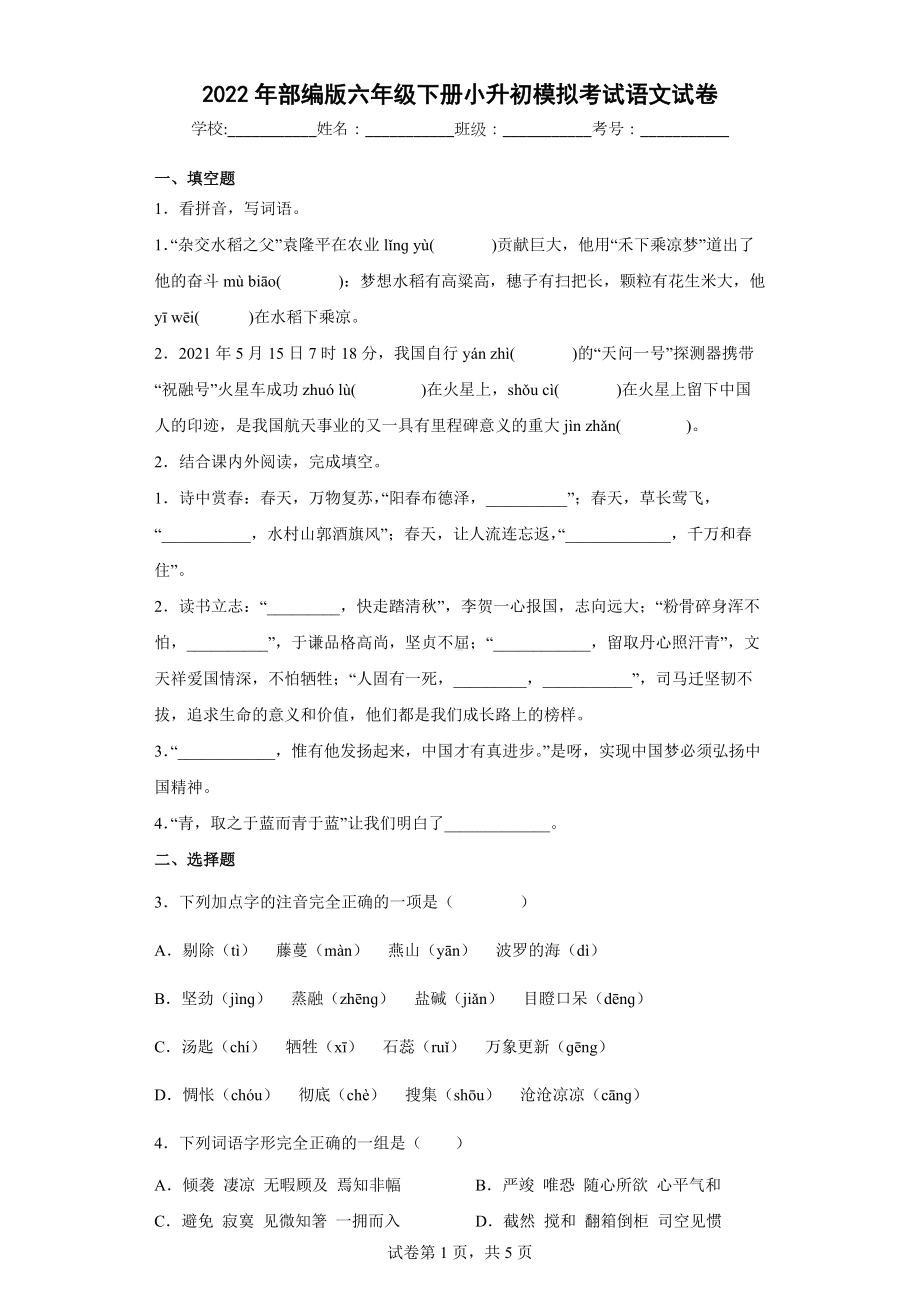 2022年部编版六年级下册小升初模拟考试语文试卷(含答案解析).docx_第1页