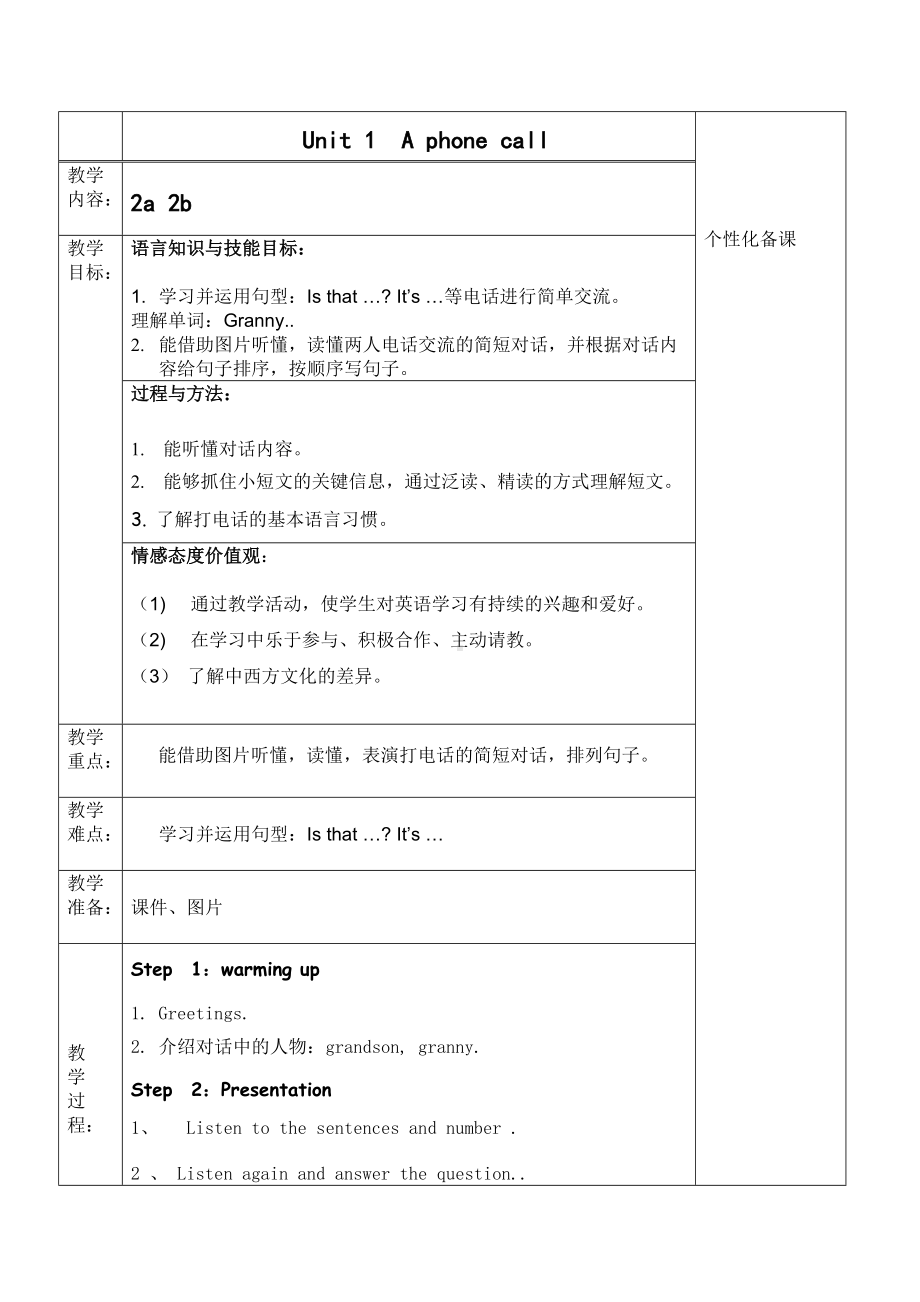 Unit 1 A phone call-Lesson 2-教案、教学设计--外研剑桥版五年级下册(配套课件编号：00d3e).doc_第1页