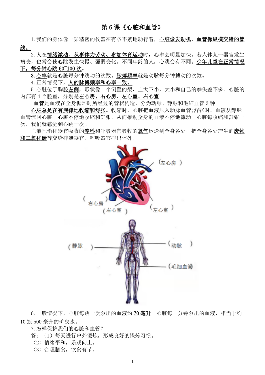 小学科学青岛版五四制五年级下册第二单元第6课《心脏和血管》知识点整理.docx_第1页