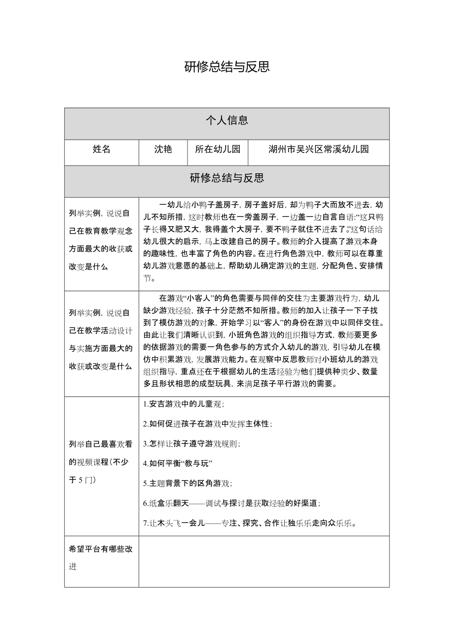 （幼儿园作业表单）研修反思与总结.docx_第1页