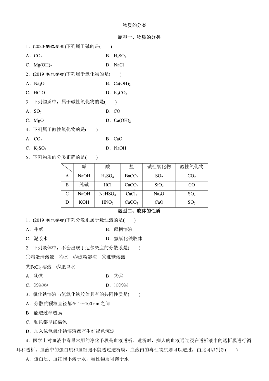 （2019）新人教版高中化学必修第一册1.1.1物质的分类题型分类练习卷.docx_第1页