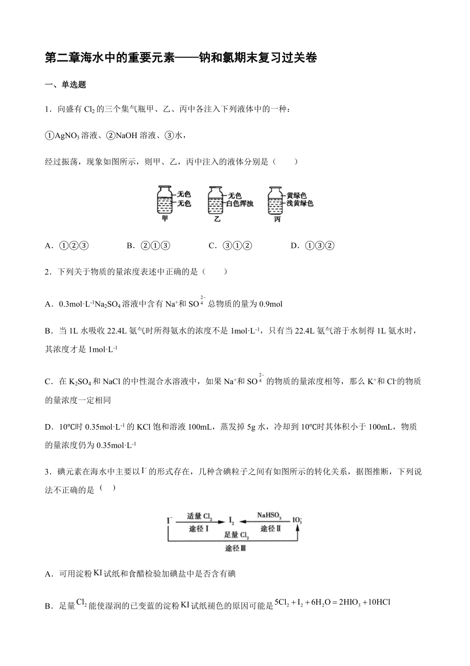 第二章海水中的重要元素-钠和氯 期末复习过关卷 -（2019）新人教版高中化学高一上学期必修第一册.docx_第1页