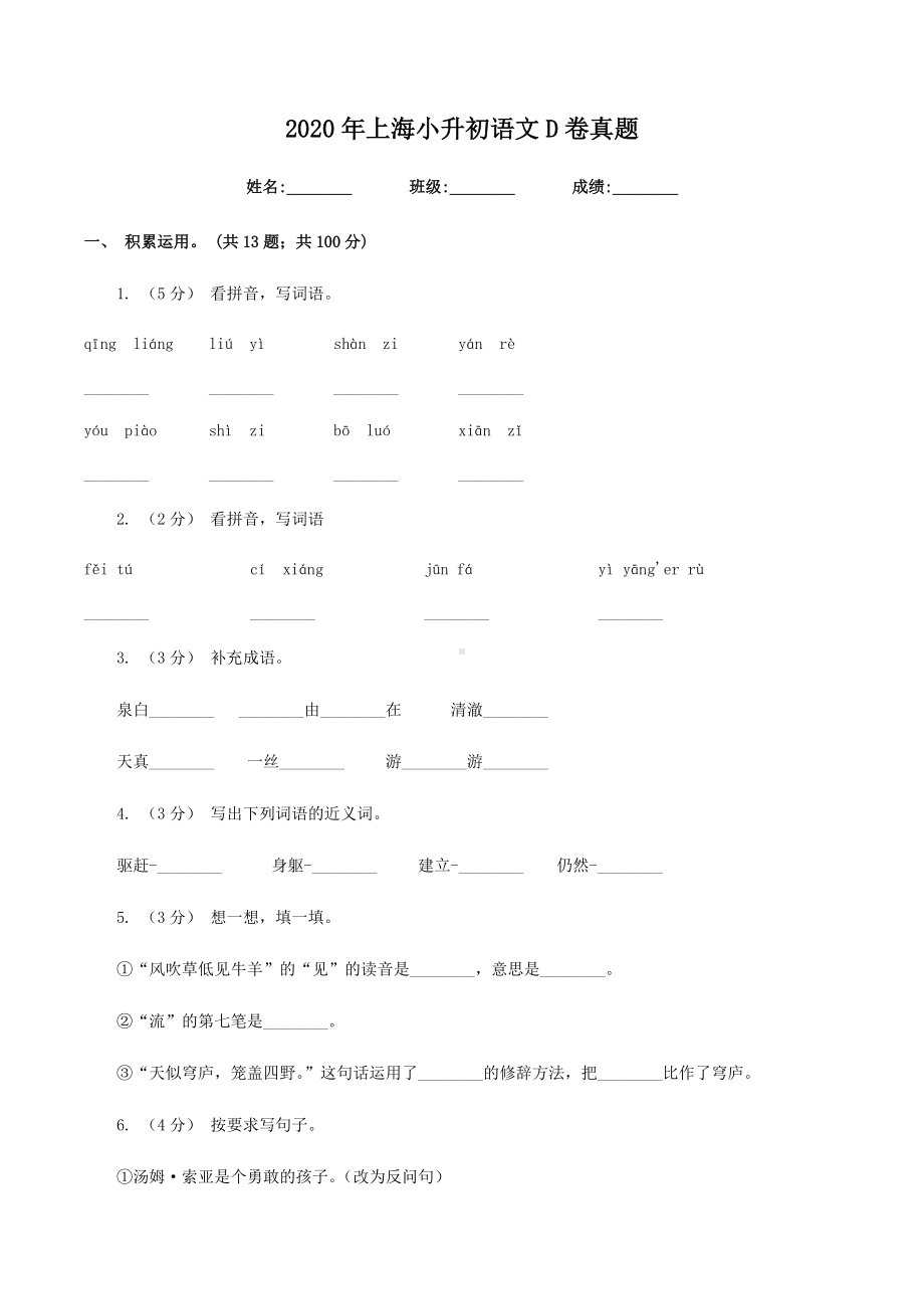 2020年上海小升初语文D卷真题.doc_第1页