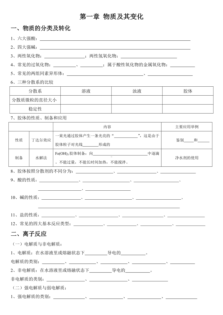 （2019）新人教版高中化学必修第一册第一章 物质及其变化 基础知识复习填空.doc_第1页